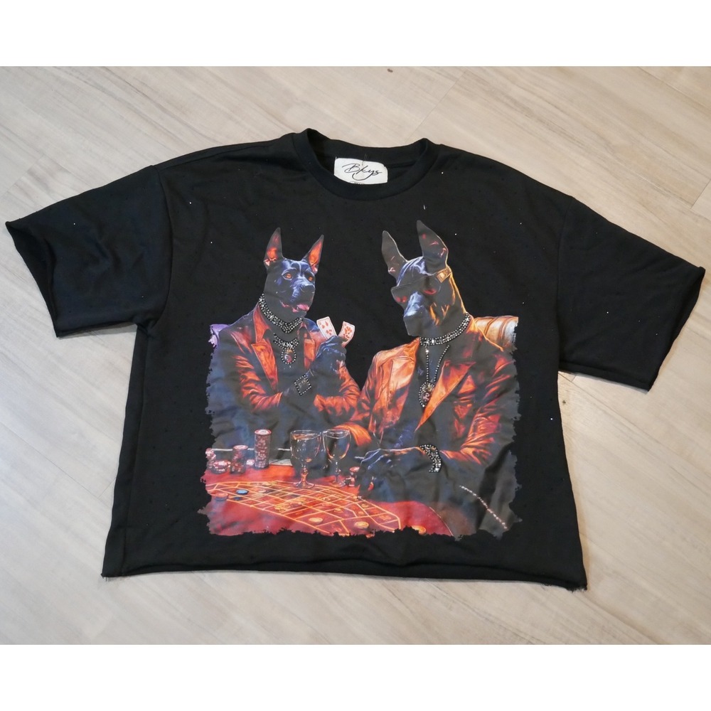 Bkys Mens‎ Doberman Casino Graphic T-Shirt Black Rhinestone Cotton 2XL